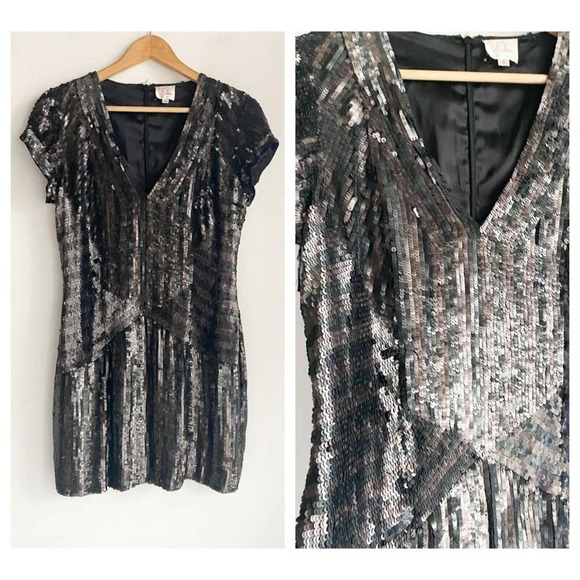 PArker All Sequin Black Brown Flapper Style  Mini Dress M - Picture 1 of 10